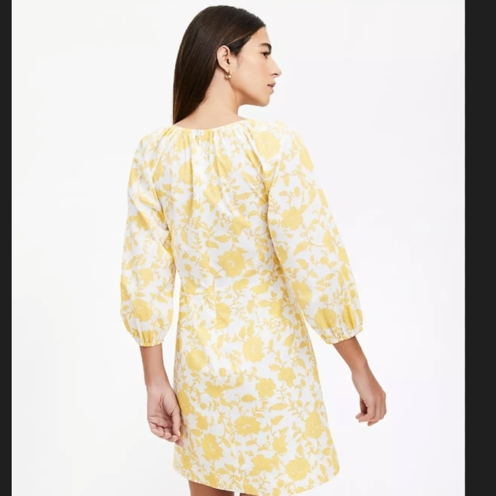 LOFT Yellow Floral Poplin Mini Dress Shirred Cotton Cottagecore Women’s 8 Summer - Picture 3 of 9